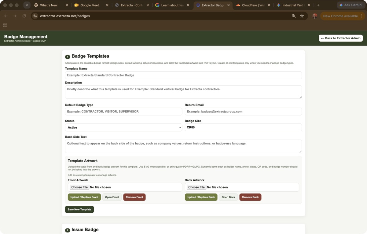 Extractor Badge Management template form with separate front and back artwork controls.