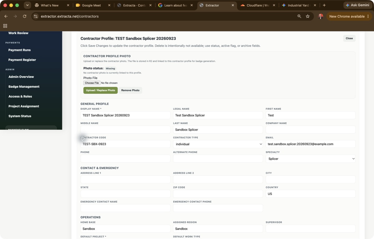 Fictitious Sandbox contractor profile in Extractor, showing general and operations fields.