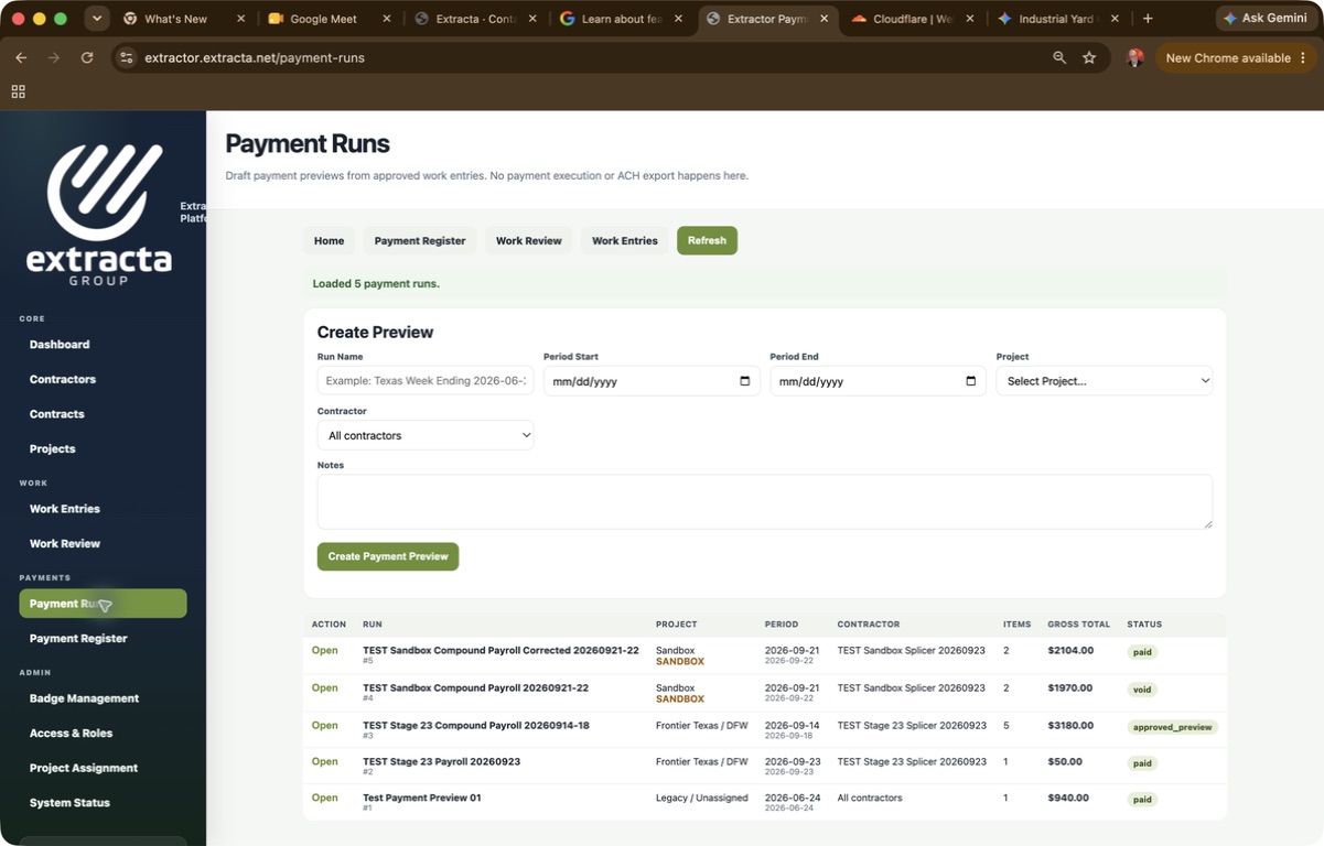 Payment Runs module showing corrected Sandbox run 5 paid for 2104 dollars and the earlier incorrect run 4 voided for 1970 dollars.