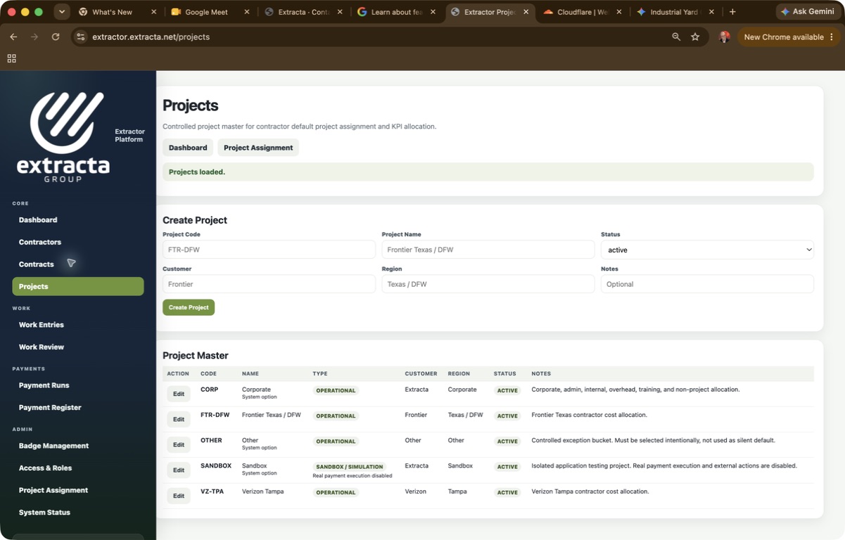 Extractor Projects module showing the Sandbox project as a simulation project with payment execution disabled.