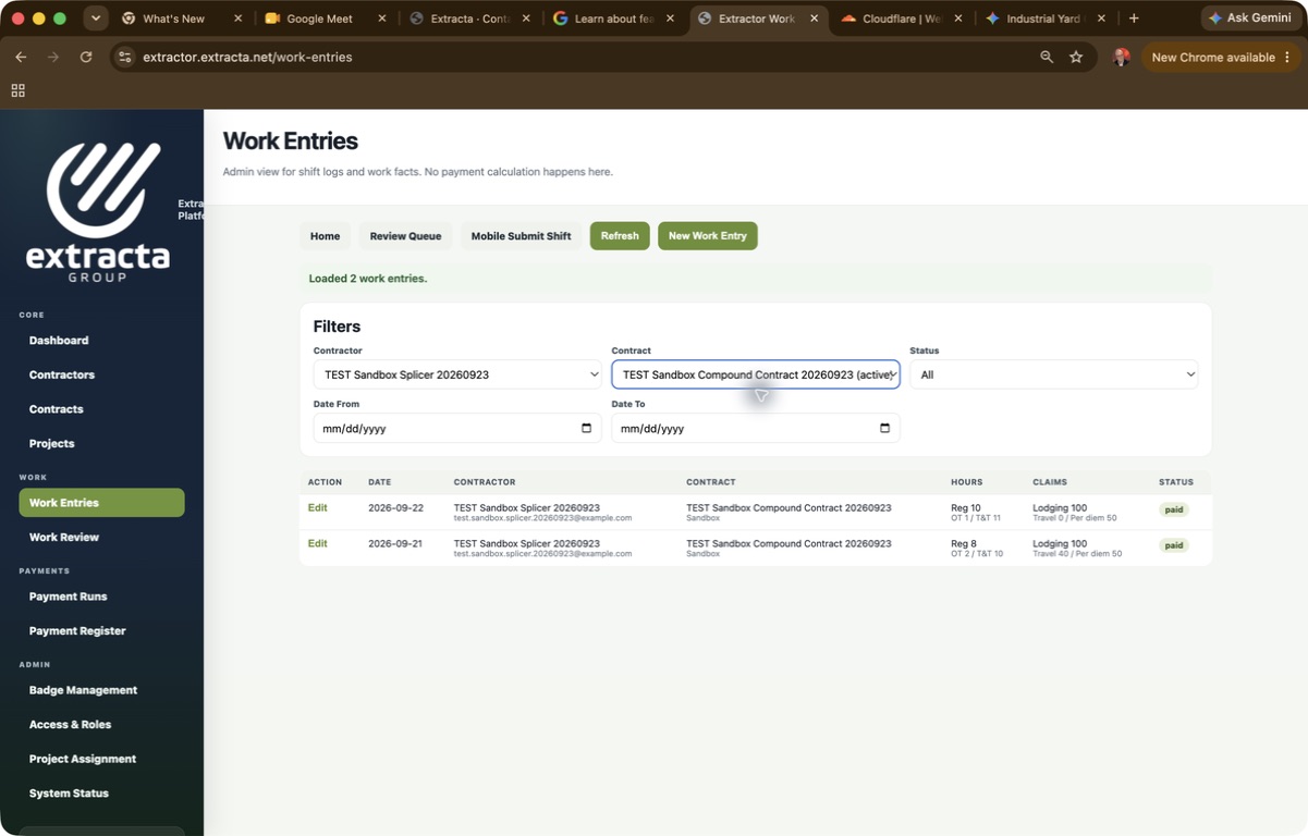 Work Entries filtered to the fictitious Sandbox contractor and contract, showing two paid days with different hours and claims.
